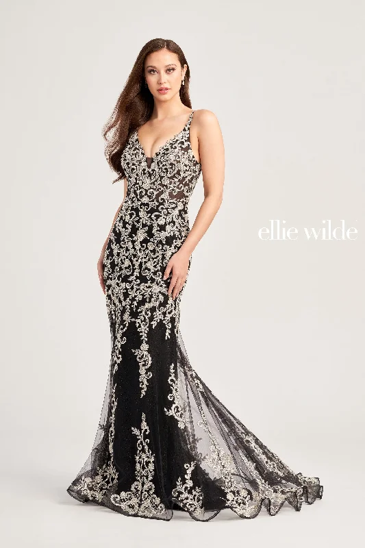 Evening Dress with Satin Finish and Beads-Ellie Wilde: EW35071