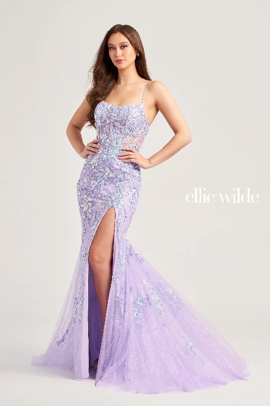 Evening Dress with Chiffon Sleeves and Satin Bodice-Ellie Wilde: EW35057