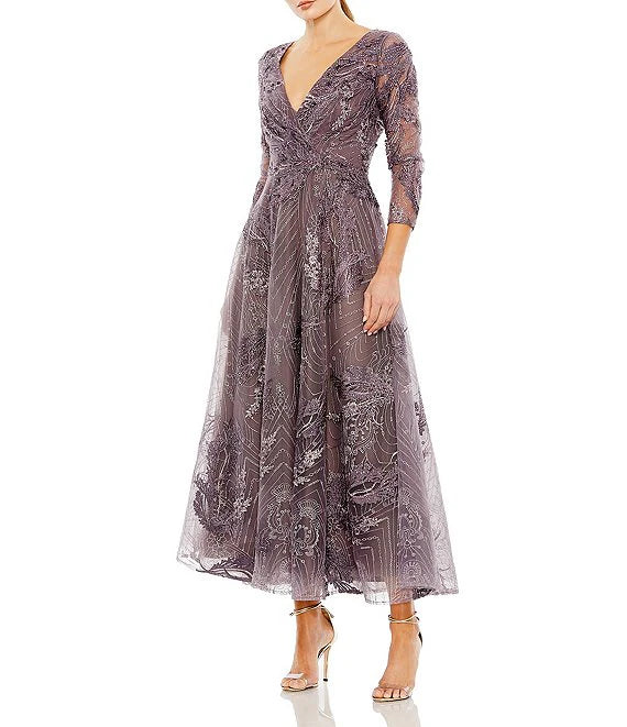 Casual Silver Tulle Long Party Dress-Embroidered Surplice V-Neck 3/4 Sleeve Tea Length A-Line Dress Cocktail Dresses