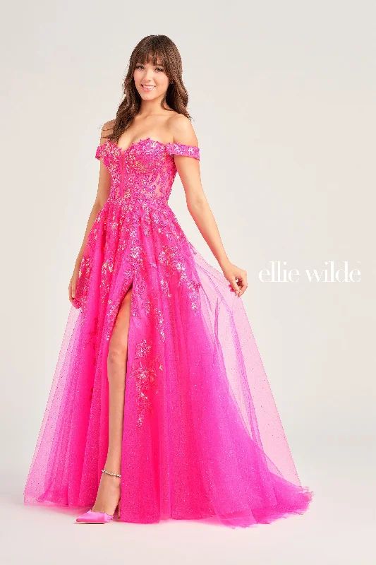 Evening Dress with Beaded Bodice and Sheer Skirt-Ellie Wilde: EW35058