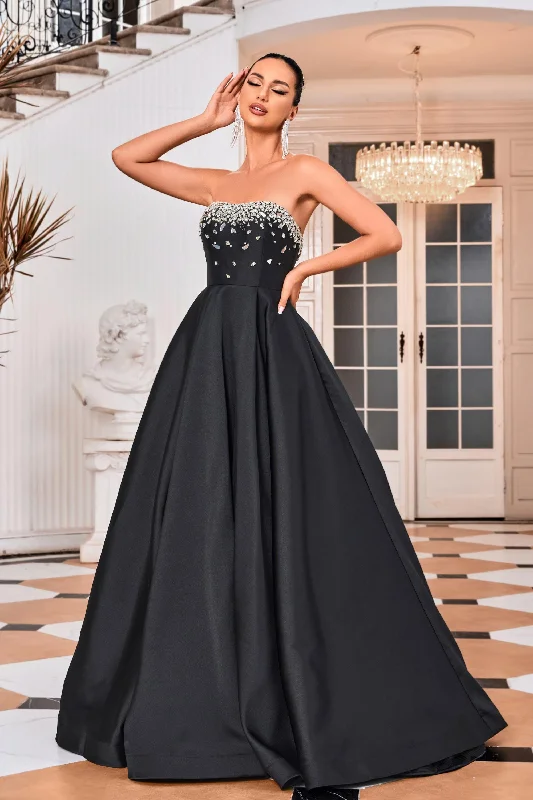 Evening Dress with Silk Bodice and Crystal Applique-Jadore: J24009