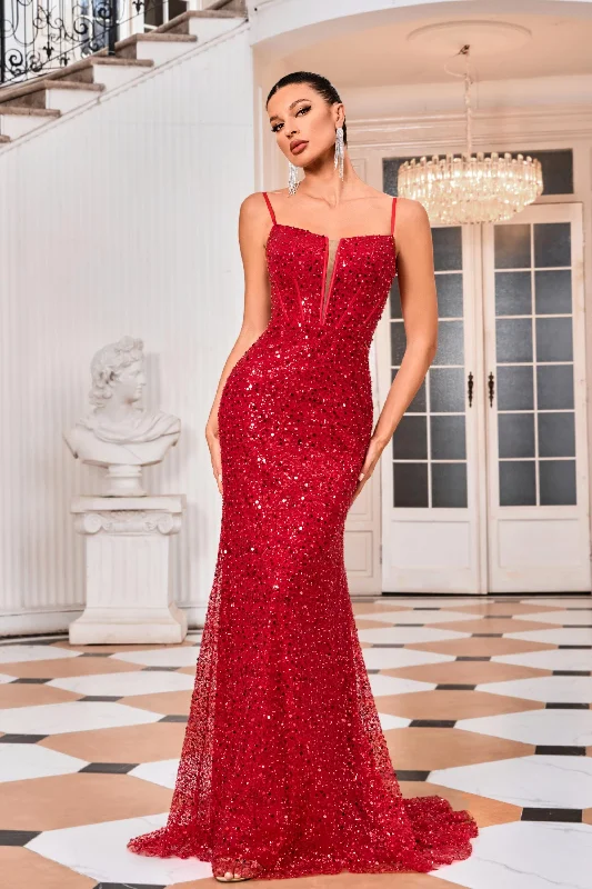 Evening Dress with Satin Bodice and Beaded-Jadore: J24023