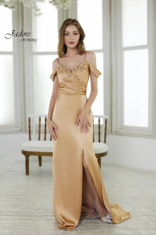 Evening Dress with Satin Bodice and Beaded Layers-Jadore: J22035