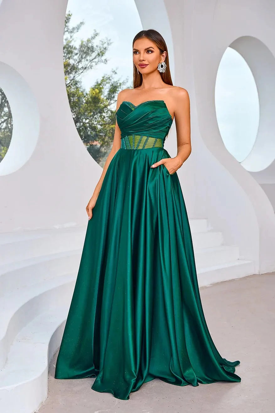 Evening Dress with Satin Bodice and Sequin Bodice-Jadore: J25007