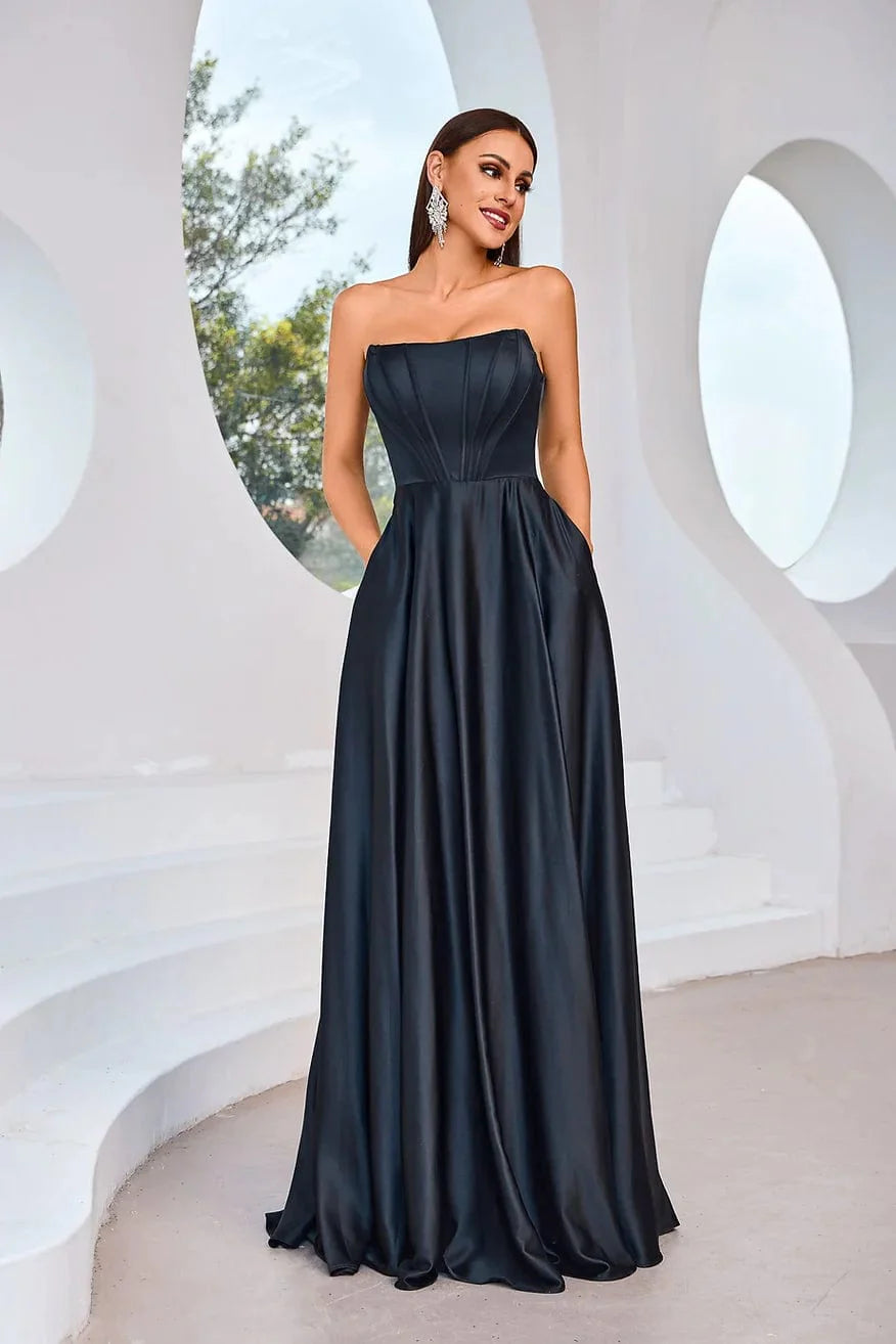 Evening Dress with Satin Bodice and Crystal Bodice-Jadore: J25012