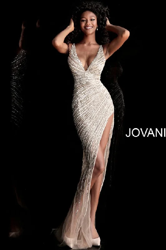 Evening Dress with Satin Bodice and Feather Bodice-Jovani: 63405 Dress (Clearance)