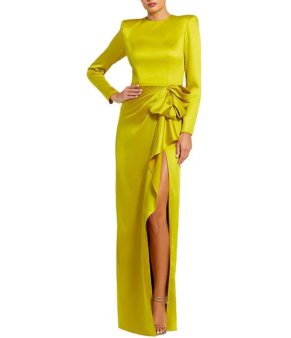 Long Sleeve Crew Neck Ruched Waist Draped Bow Thigh High Slit Satin A-Line Gown Cocktail Dresses