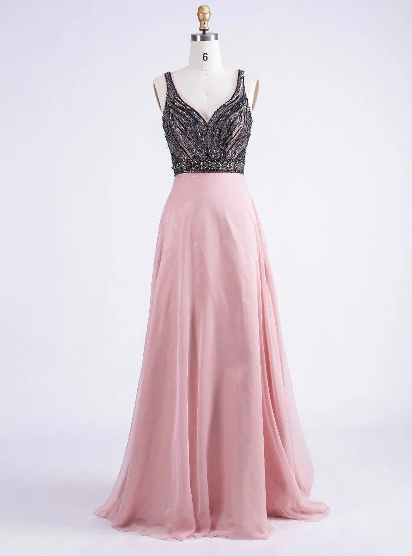 Evening Dress with Lace and Satin Bodice-Sweetheart Spaghetti A-line Open Back Chiffon Beading Prom Party Dress