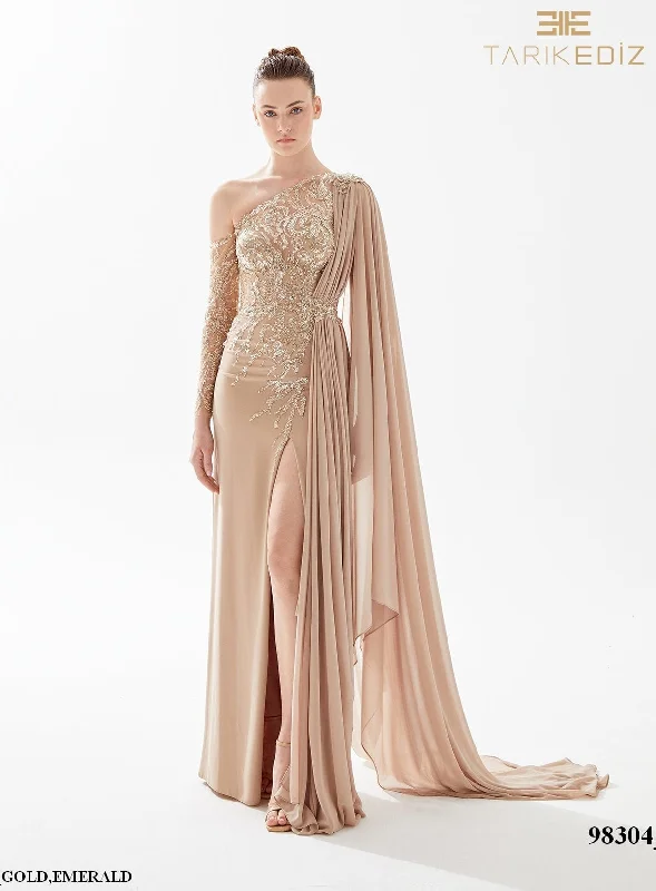 Evening Dress with Sheer Bodice and Sequin Skirt-Tarik Ediz: 98304