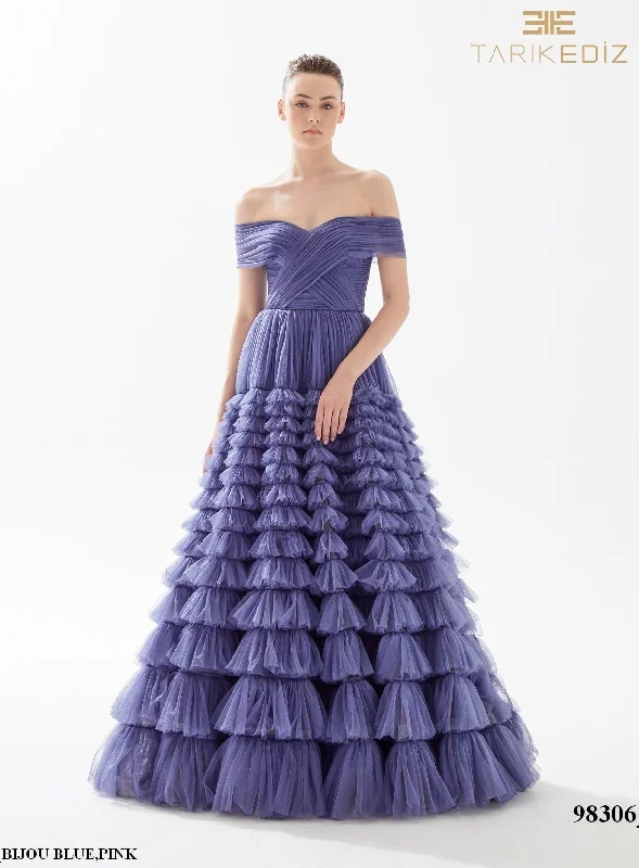 Evening Dress with Feather Skirt and Satin Bodice-Tarik Ediz: 98306