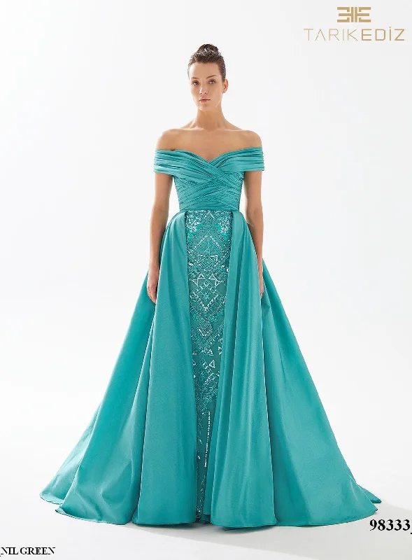 Evening Dress with Satin Bodice and Feathered Skirt-Tarik Ediz: 98333