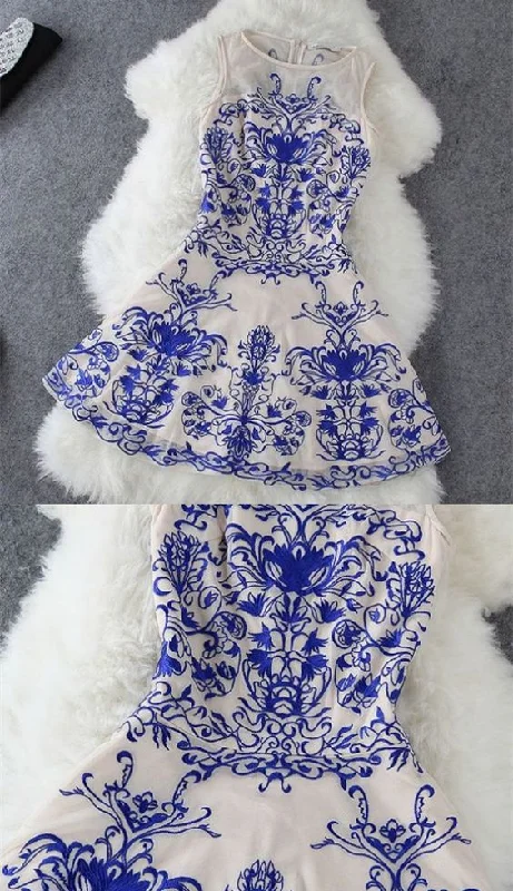 A-Line Dresses,Printed Royal Blue Dresses,Short Homecoming Cocktail Dresses,Homecoming Dresses c2735