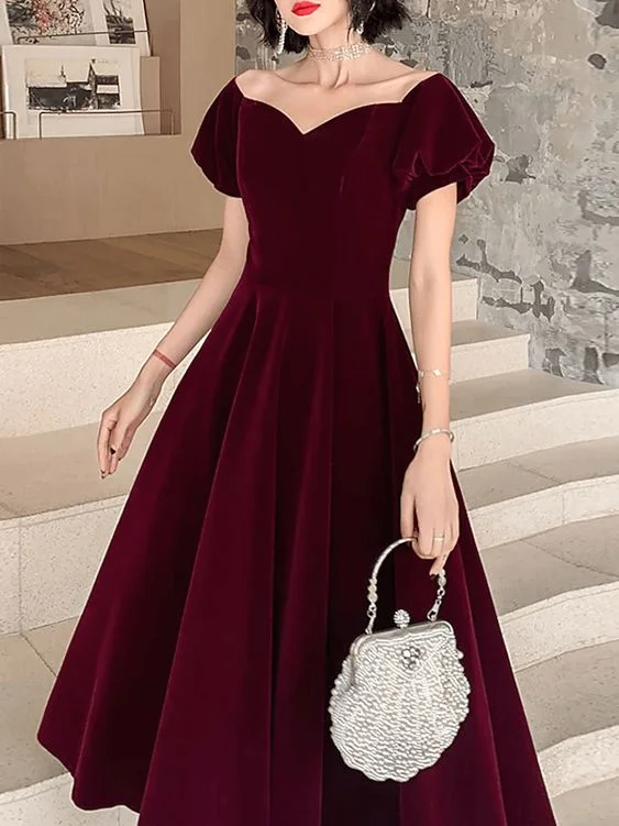 Stunning Green Satin Long Party Dress-A-Line Minimalist Elegant Homecoming Cocktail Party Dress Sweetheart Neckline Short Sleeve Tea Length Velvet with Pleats c2916