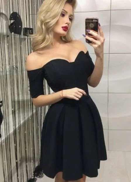 A-Line Off-the-Shoulder Short Sleeves Black Homecoming Dress,Cocktail Dress   C672