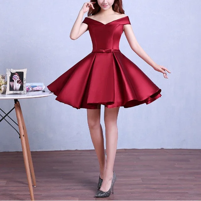 Burgundy homecoming dress,off the shoulder short cocktail dress,satin gowns c3348