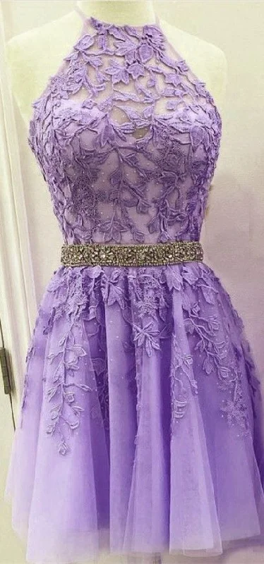 Cute a-line homecoming dresses lavender party cocktail dress with halter neckline  C1157