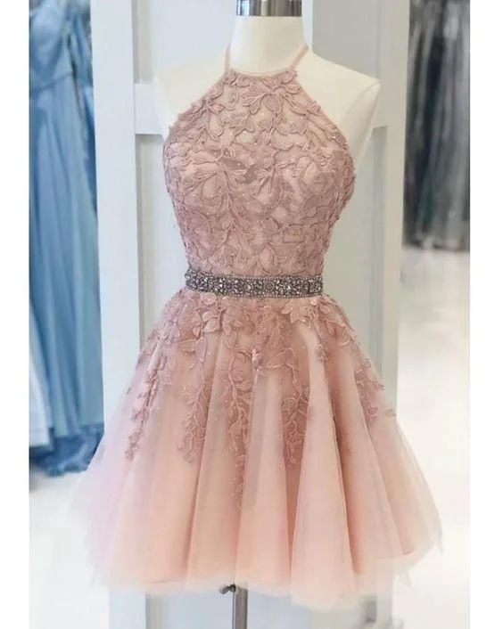 Glamorous Green Satin Long Party Dress-Halter Lace Blush Pink Homecoming Dress,Beading Semi Formal Cocktail Dress  C78