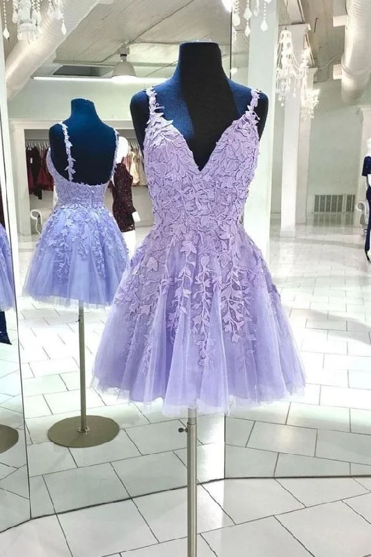 New Lavender v neck tulle lace short prom dresses Back Open cocktail dress C1172