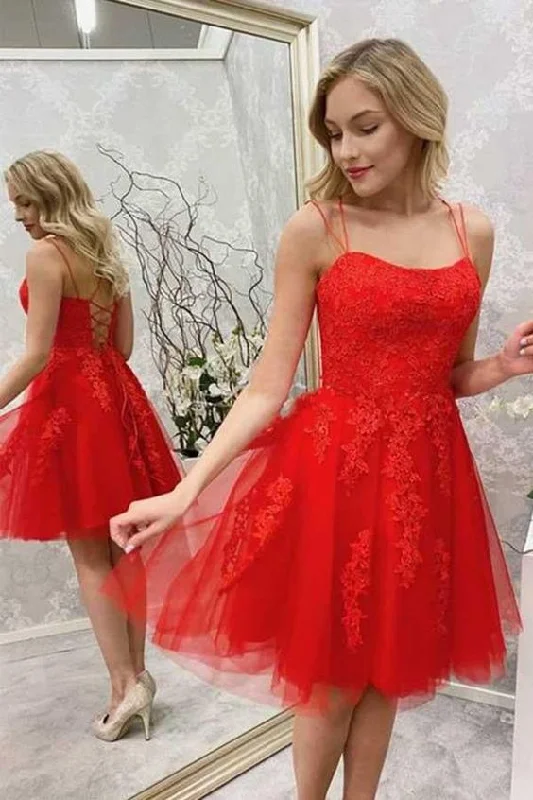 Elegant Backless Silver Long Party Dress-Red Lace Applique Spaghetti Straps Homecoming Dresses, Red Tulle Short Prom Dress,Cocktail Dress c2832