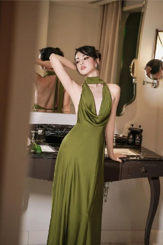 Romantic Silver Satin Long Party Dress-Sexy Open Back Long Prom Dress Green A Line Cocktail Dress Party Evening Dress cc1598