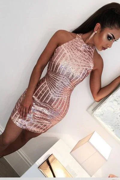 Gorgeous Silver Long Party Dress-Sexy Rose Gold Jewel Sheath Mini Short Dresses Homecoming Dress Cocktail Dress c3322