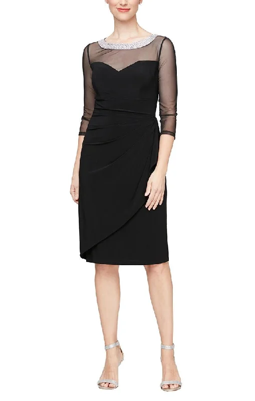 Sheath Matte Jersey Cocktail Dress with Embellished Sweetheart Illusion Neckline and Cascade Skirt