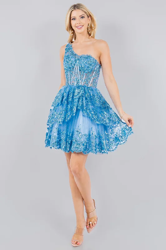 Elegant Blue Sequin Long Party Dress-Short One Shoulder Tiered Dress by Cinderella Couture 5132J