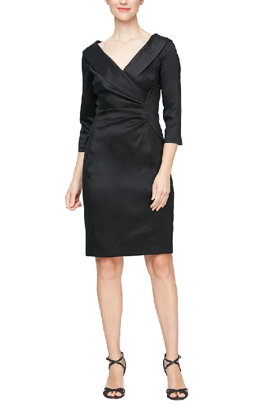 Short Sheath Stretch Taffeta Cocktail Dress with Portrait Collar and Ruched Waist Detail