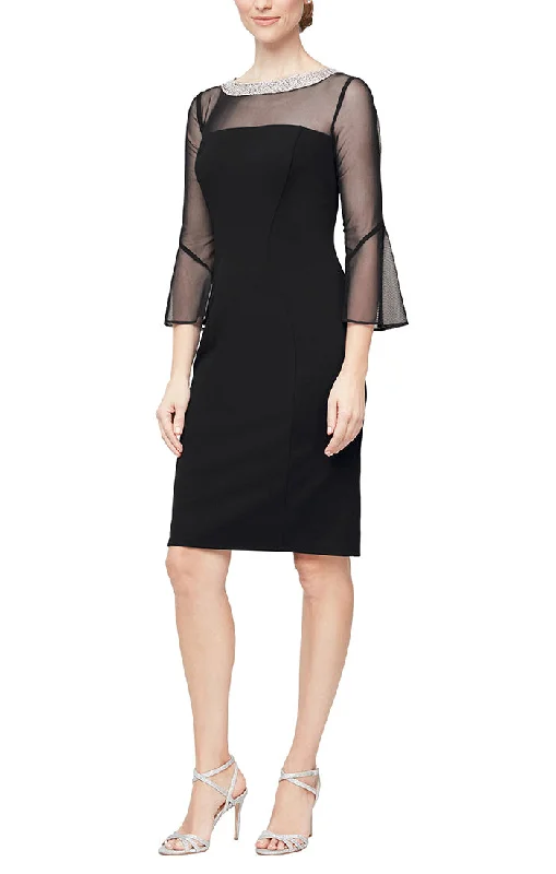 Stunning Black Satin Long Party Dress-Short Sheath Crepe Cocktail Dress with Beaded Illusion Neckline & Bell Sleeves