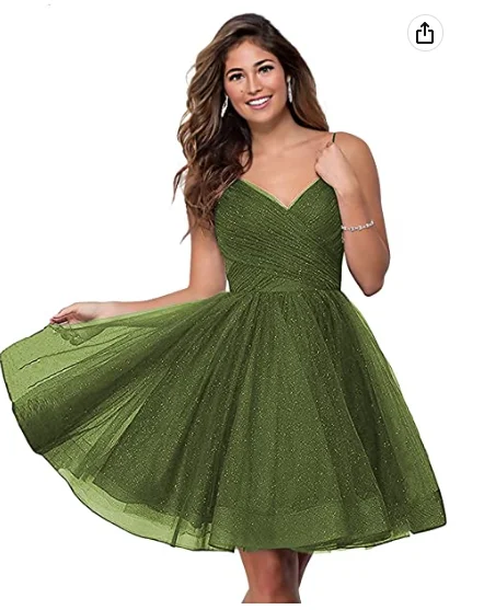 Short V-Neck Tulle Homecoming Dresses Sparkly for Teens Spaghetti Straps Cocktail Dresses c2679