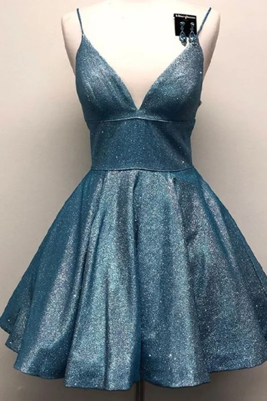 Trendy Green Satin Long Party Dress-Spaghetti Straps V Neck A Line Short Prom Homecoming Dress With Pockets Cocktail Dress  C639