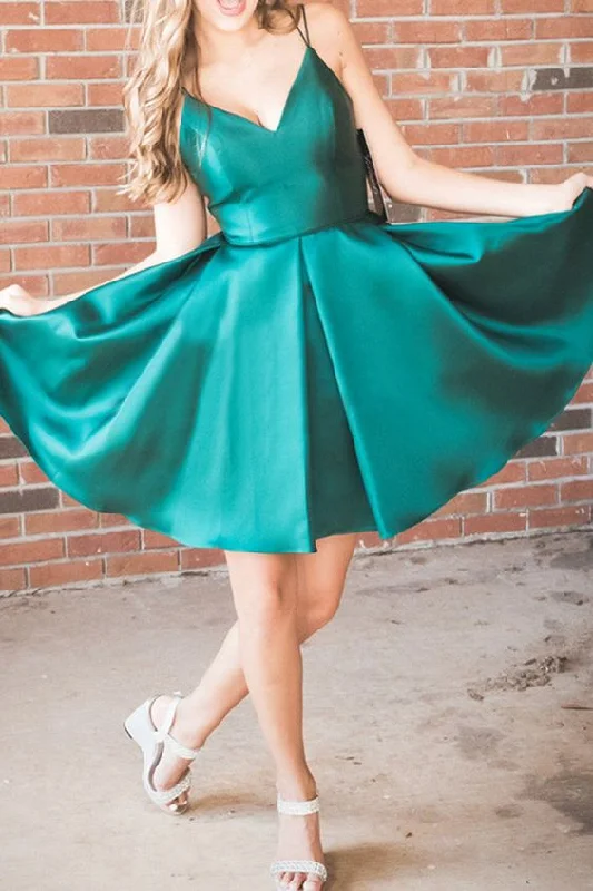 Straps V Neck Satin Mini Prom Homecoming Dress Dark Green Cocktail Party Dress c2911