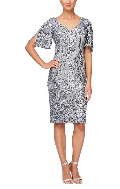 V-Neck Sequin Cocktail Dress with Cold Shoulder Flutter Sleeves