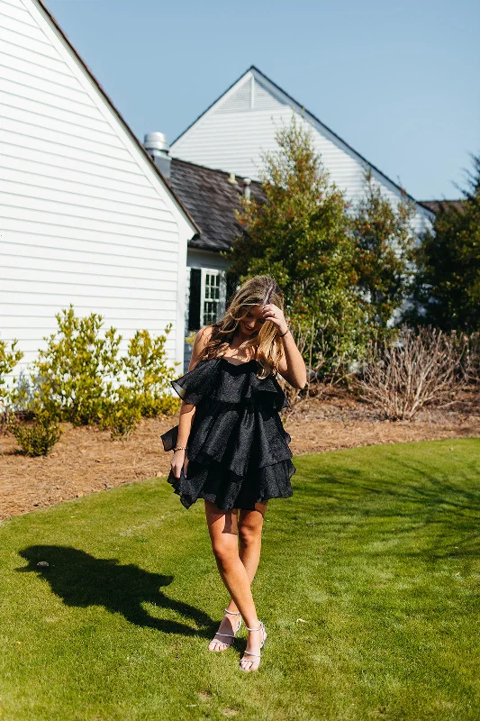 Mini Dresses with a flare skirt-Big Ruffles Tiered Mini Dress - Black