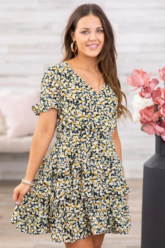 Mini Dresses for a stylish weekend vibe-Black and Yellow Floral Tiered Skirt Dress