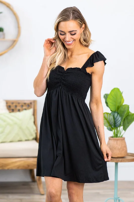 Mini Dresses for a festival-ready style-Black Smocked Bodice Sweetheart Neck Dress