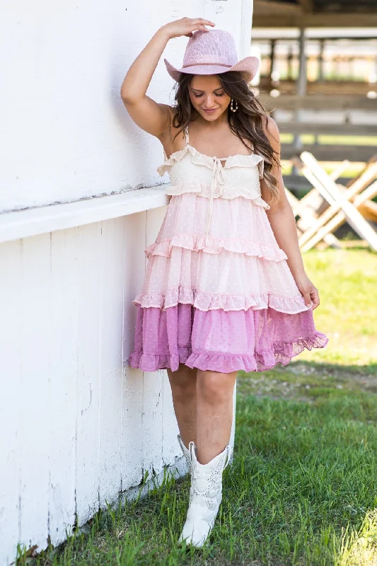 Mini Dresses with frayed edges-Blush Colorblock Ruffle Trim Swiss Dot Dress