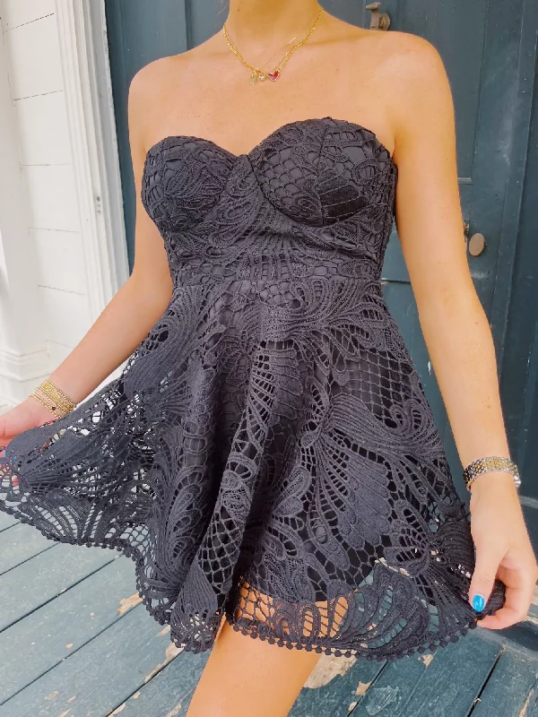 Mini Dresses for a formal wedding-Bonjour Lace Strapless Dress - Black