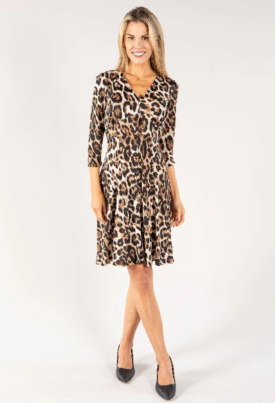 Mini Dresses with lace and ruffles-Buttoned V Neck Leopard Print Dress