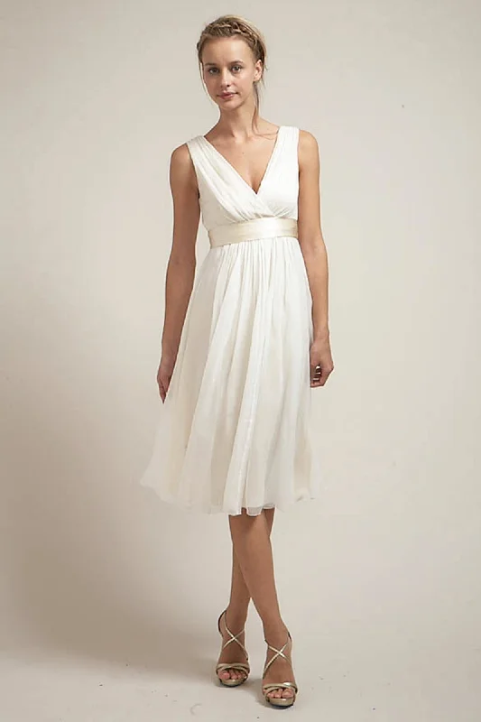 Mini Dresses with leather trim-DU6574 Effortless Short V-Neck Wedding Dress