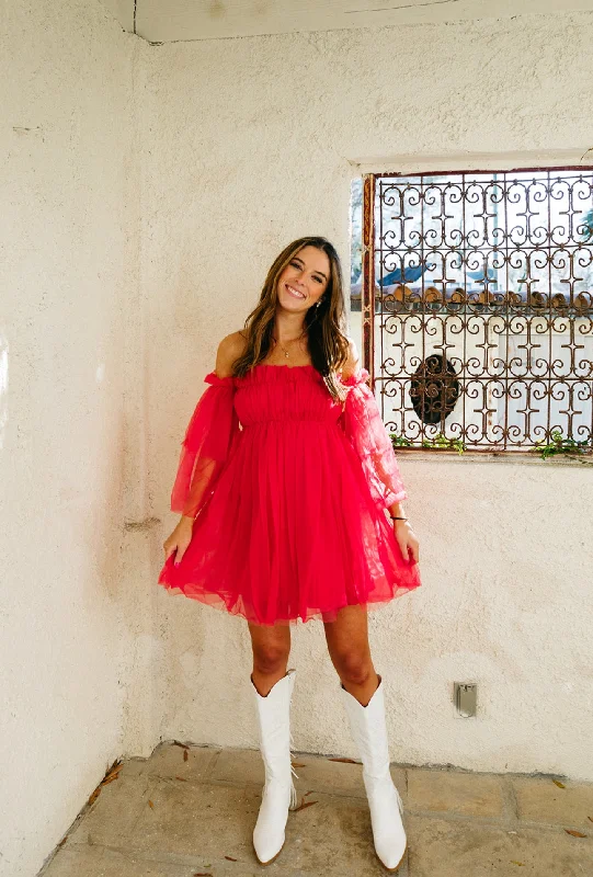 Mini Dresses for a cozy dinner look-Explore Places Tulle Dress - Coral