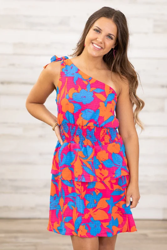 Mini Dresses for casual day trips-Fuchsia and Royal Floral One Shoulder Dress