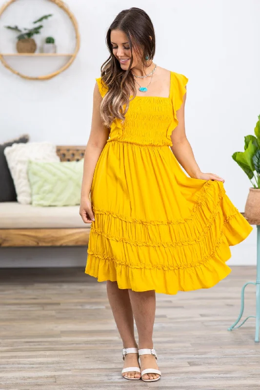 Mini Dresses for casual family gatherings-Golden Yellow Smocked Bodice Tie Back Dress