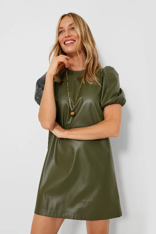 Mini Dresses with off-the-shoulder style-Green Faux Leather McShea Mini Dress