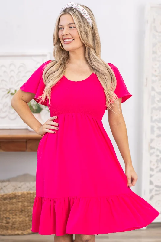 Mini Dresses for a relaxed vibe-Hot Pink Scoop Neck Smocking Woven Dress