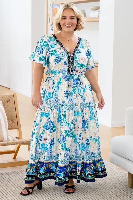 Mini Dresses with structured designs-FINAL SALE | Joelle Maxi Dress Blue Bouquet Print