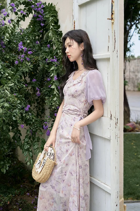 Mini Dresses for cocktail dinners-Women Ruffled Purple Floral Maxi Dress