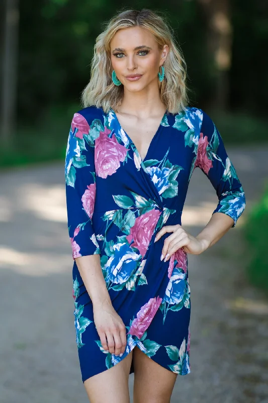 Mini Dresses with ruffles-Navy and Dusty Rose Floral Print Dress