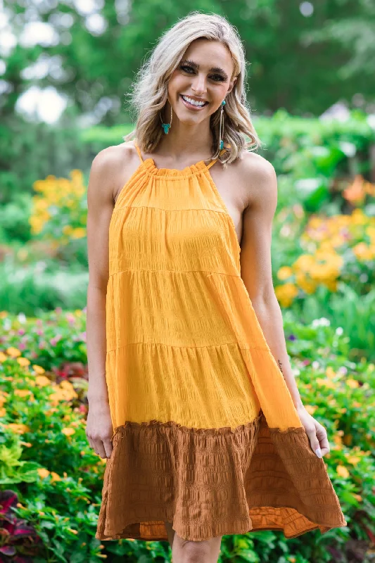 Mini Dresses for evening wear-Orange and Cinnamon Colorblock Dress