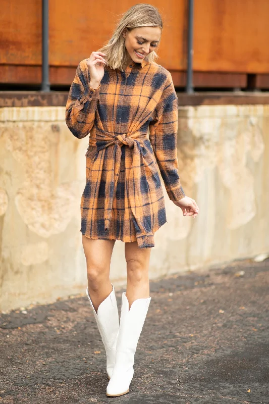 Mini Dresses for stylish daytime events-Orange and Navy Plaid Tie Waist Shirt Dress